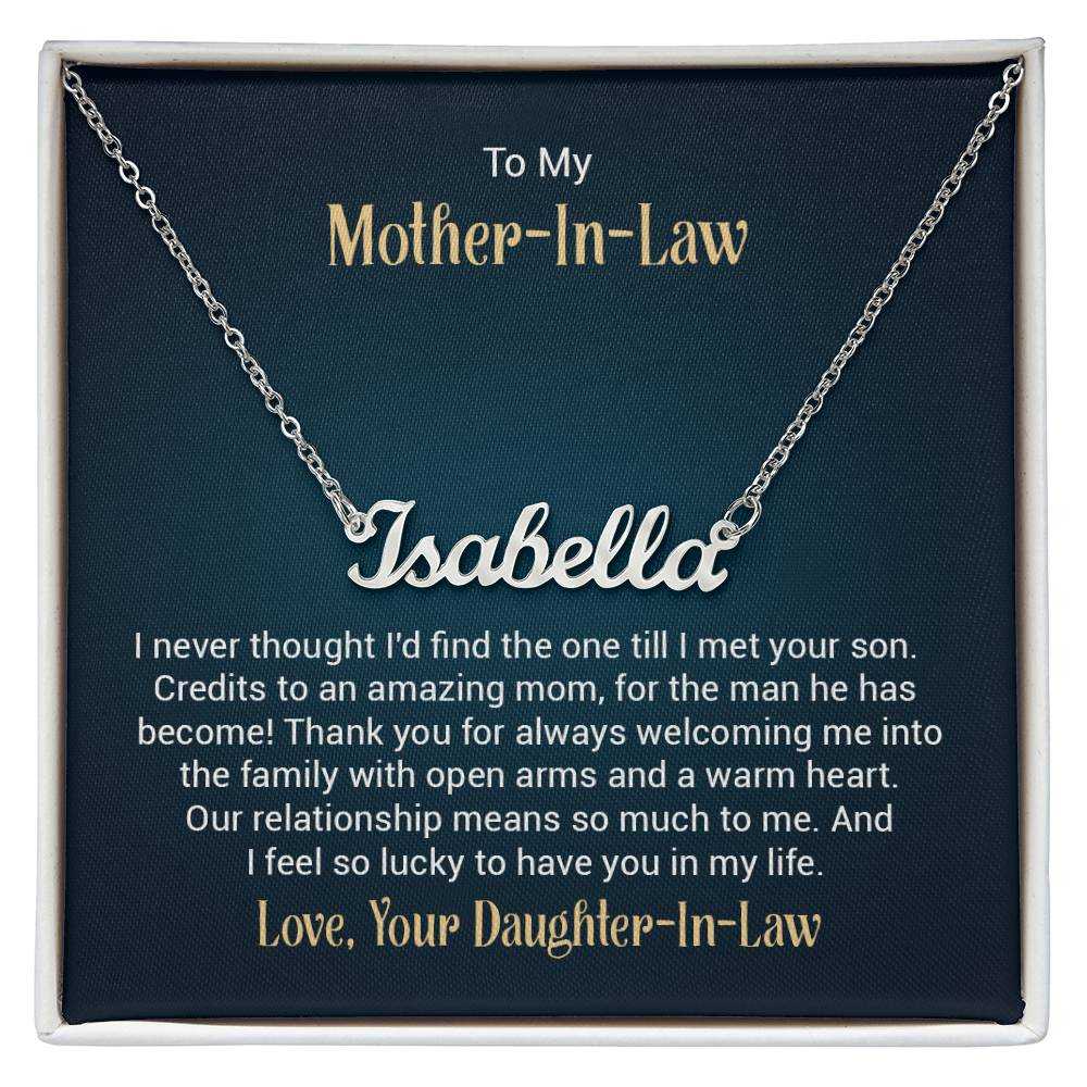 Elegant personalized custom name necklace for mother-in-law with adjustable chain and stainless steel finish from Hot Topic Goods