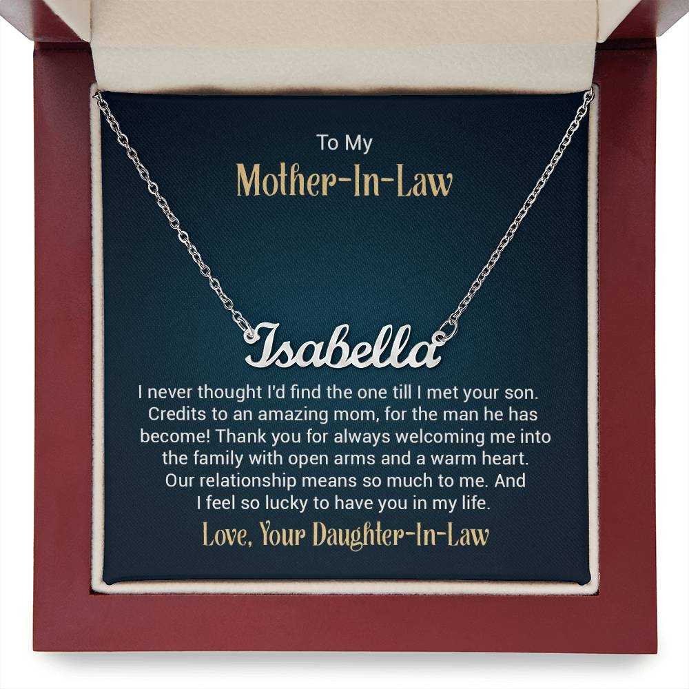 Personalized custom name necklace for mother-in-law in stainless steek finish on adjustable chain