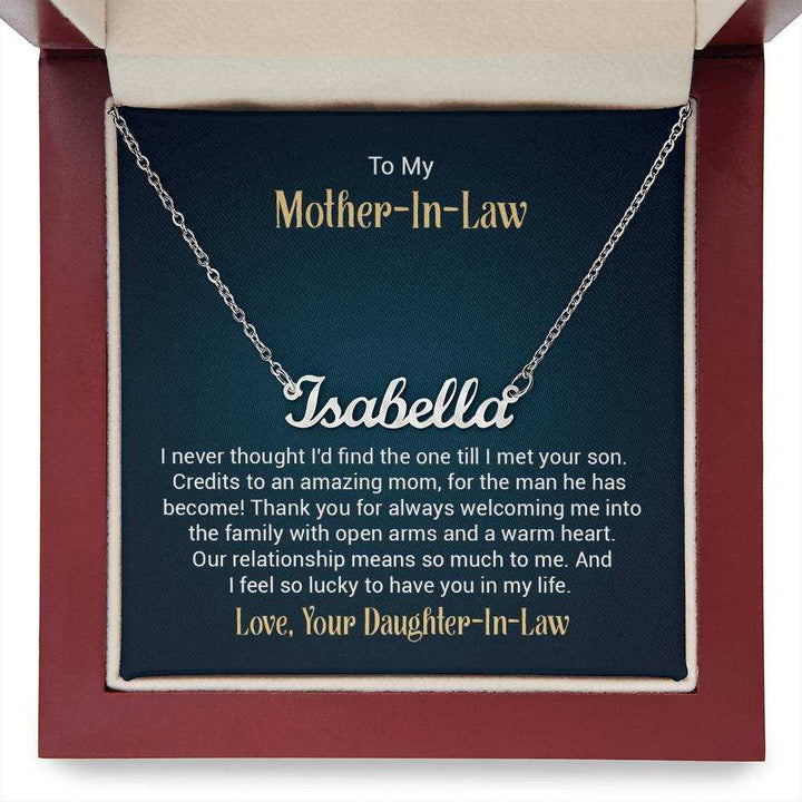 Personalized custom name necklace for mother-in-law in stainless steek finish on adjustable chain