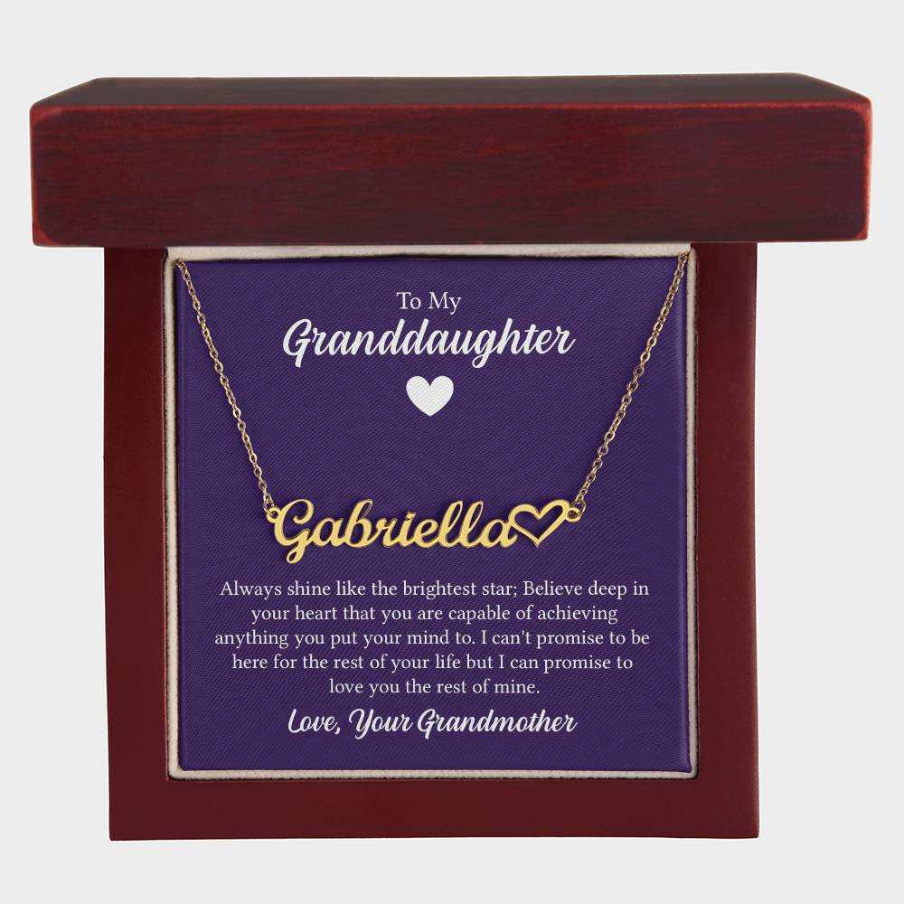 Personalized heart name necklace for granddaughter from grandmother in elegant packaging