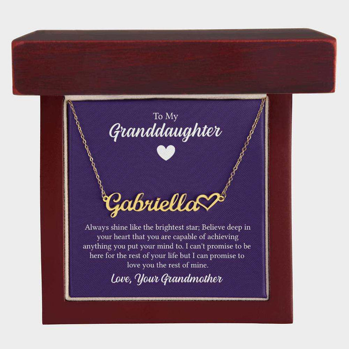 Personalized heart name necklace for granddaughter from grandmother in elegant packaging