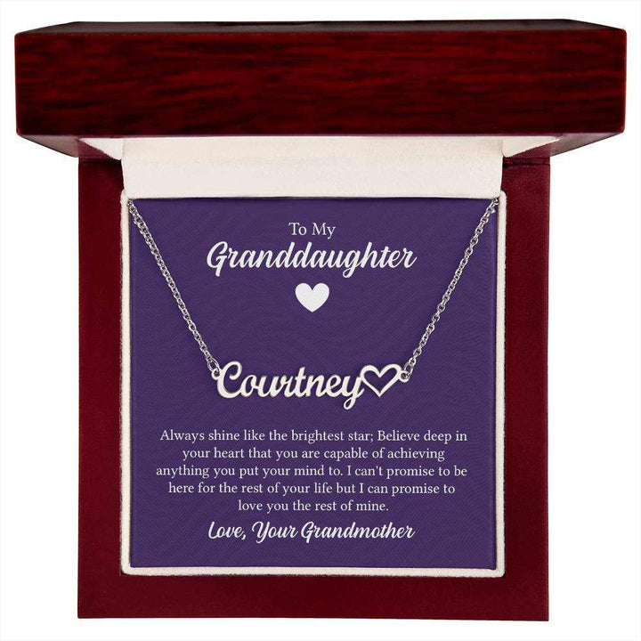 Personalized heart name necklace gift from grandmother to granddaughter in heart-shaped pendant design