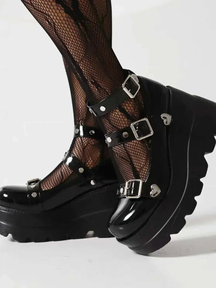 Platform Mary Jane triple buckle shoes with elevated platform and adjustable straps in neutral color
