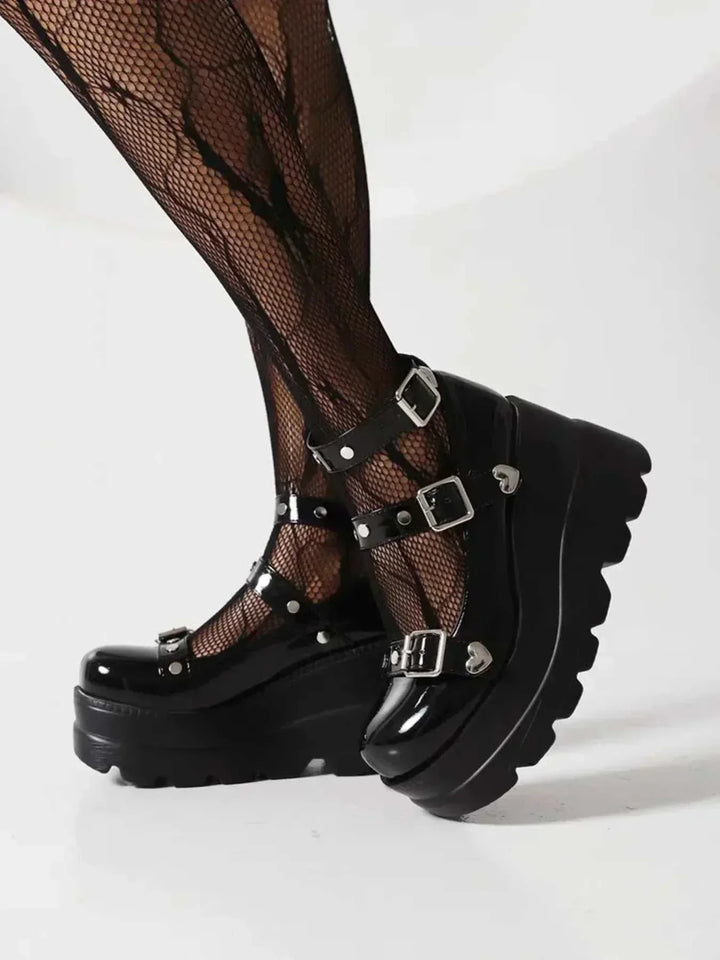 Black platform triple buckle Mary Jane shoes with chunky sole from Hot Topic Goods