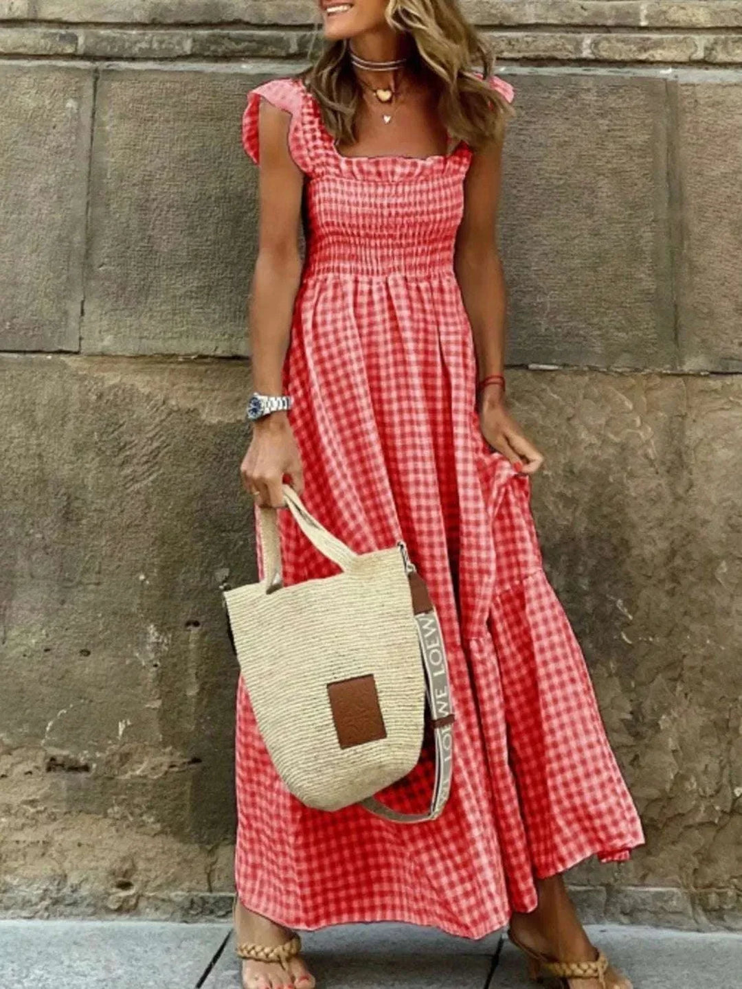 Plus Size Gingham Smocked Ruffle Maxi Dress with flowing silhouette and ruffle accents from Hot Topic Goods
