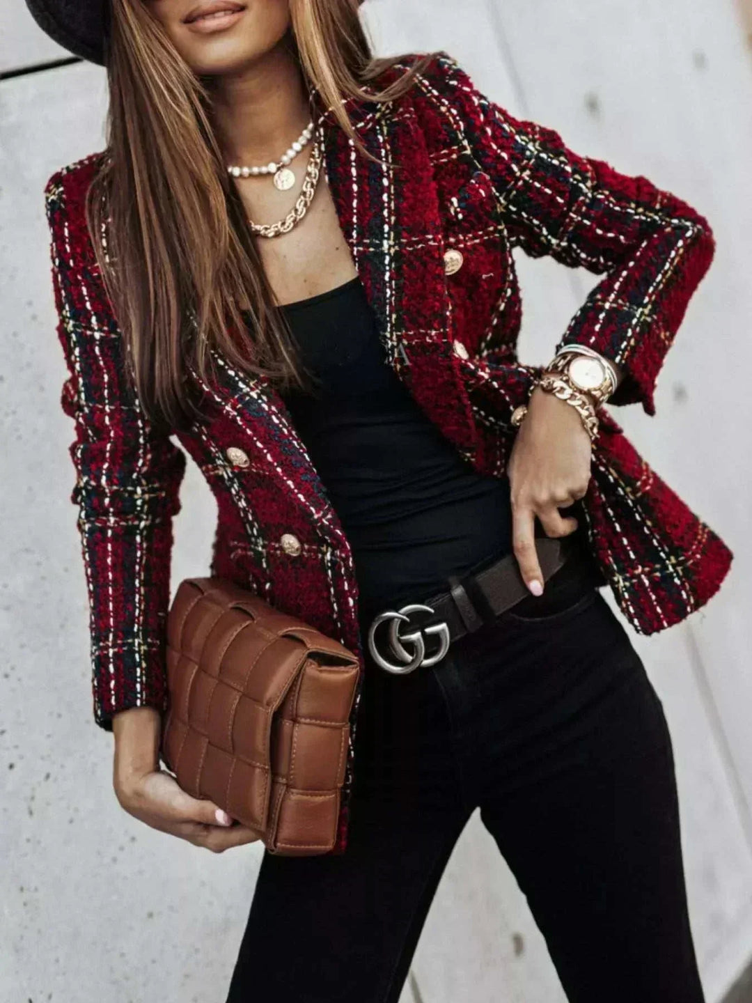 Women's plus size plaid tweed double-breasted blazer with classic tailoring and long sleeves from Hot Topic Goods