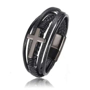 Mens Chakra Bracelet with cross design, crafted from premium stainless steel and genuine leather, featuring beaded accents and double safety clasps in black.
