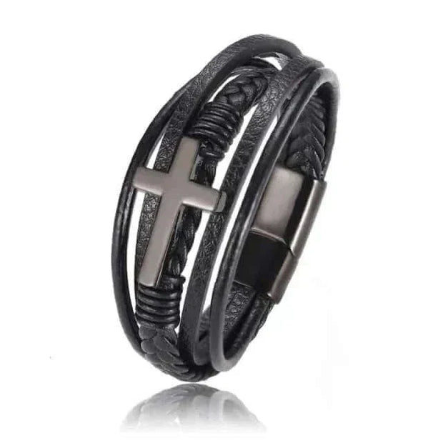 Mens Chakra Bracelet with cross design, crafted from premium stainless steel and genuine leather, featuring beaded accents and double safety clasps in black.