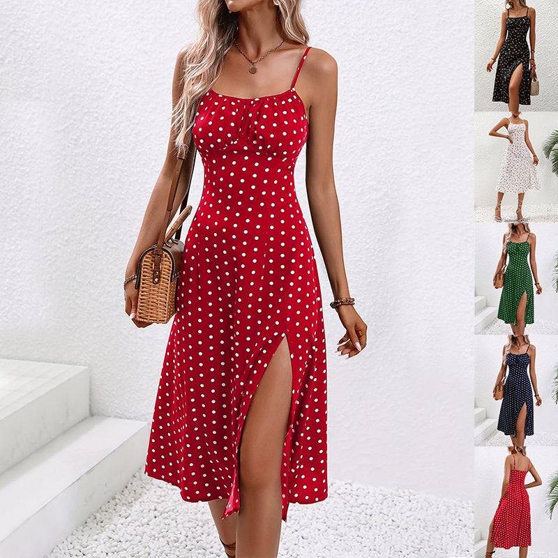 Woman wearing a sleeveless polka dot split maxi sundress with a flowing silhouette