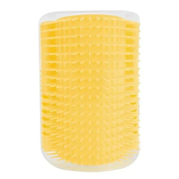Cat Corner Groomer Brush with yellow bristles for self-grooming and hair removal.