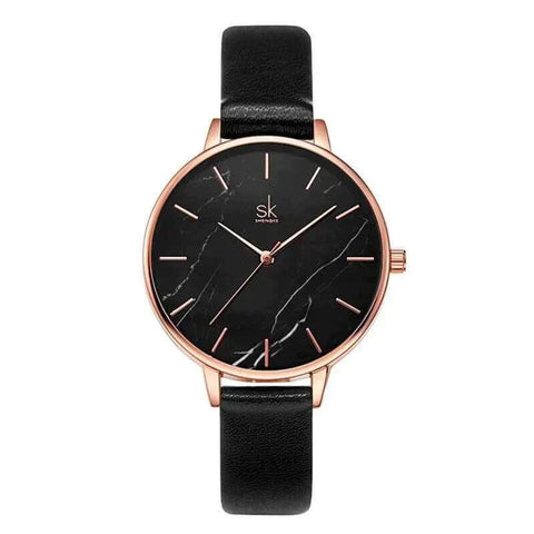 Elegant Shengke Fashion Watch with black marble face and rose gold accents.