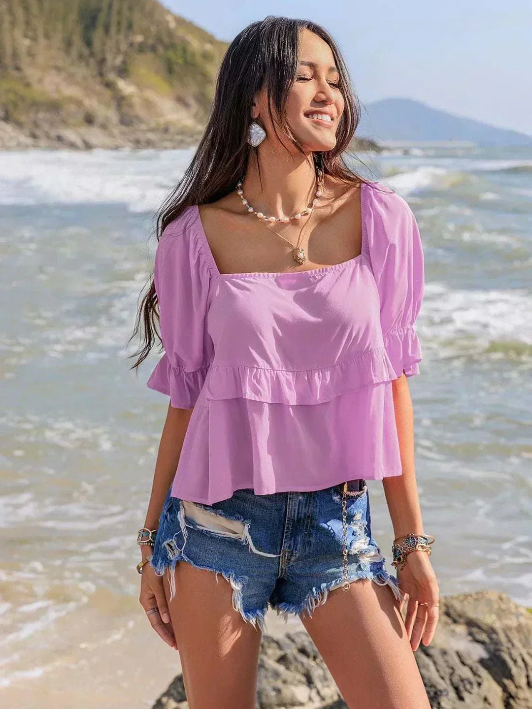 Women's ruffled square neck half sleeve blouse with breathable fabric and relaxed fit from Hot Topic Goods