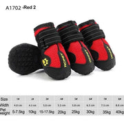 Red waterproof reflective dog boots with adjustable straps, designed for comfort and durability across various sizes for different pet weights.