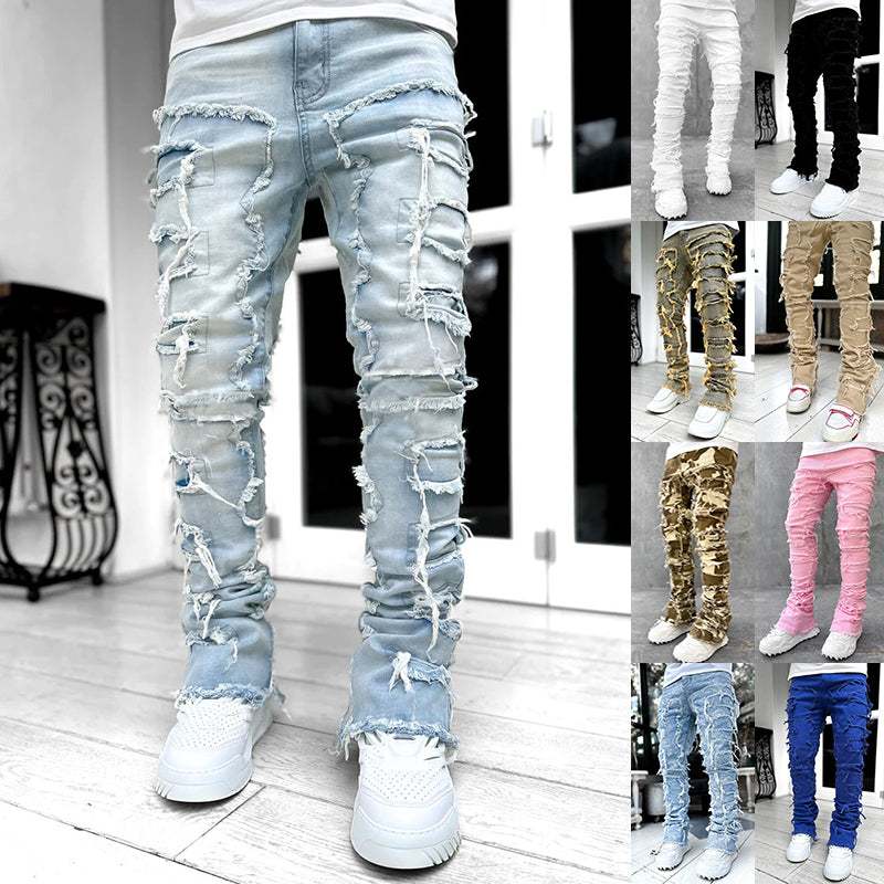 Men's stacked ripped patchwork slim fit jeans with distressed denim and tapered stacked ankle design from Hot Topic Goods