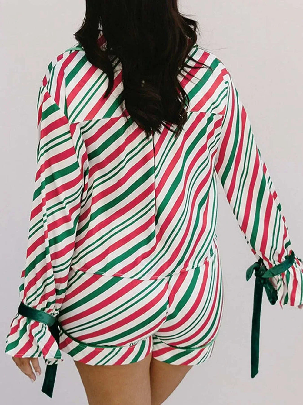 Women's stripe contrast velvet bow pajama set with festive holiday design