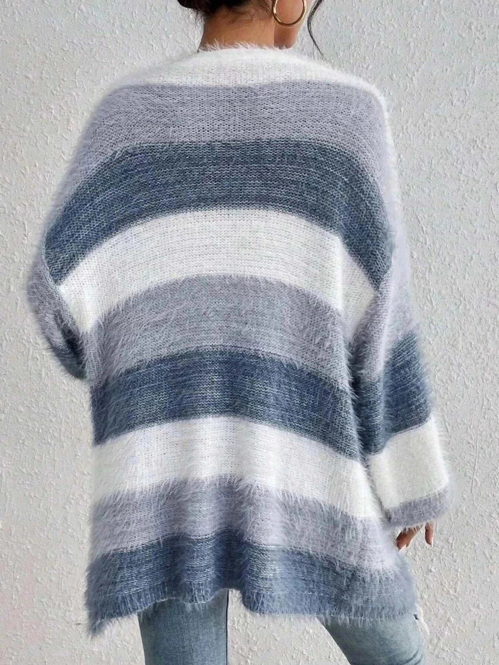 Women's striped fuzzy knit cardigan with open-front and cozy soft texture from Hot Topic Goods