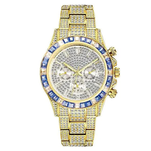 Luxurious Diamond Calendar Watch adorned with sparkling gems and blue accents, featuring a gold-toned strap and intricate dial design.