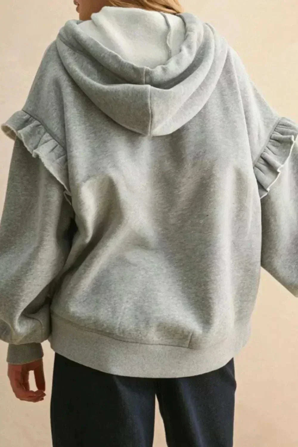 SYNZ Ruffled Hoodie women’s long-sleeve casual pullover with feminine ruffle details and adjustable drawstring hood