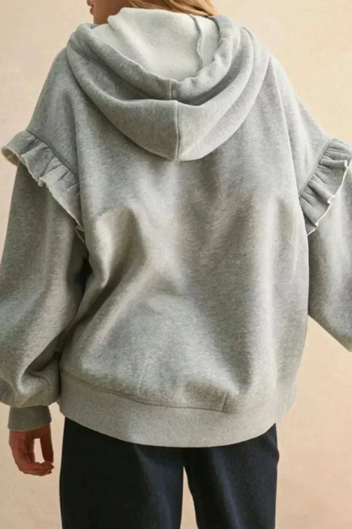 SYNZ Ruffled Hoodie women’s long-sleeve casual pullover with feminine ruffle details and adjustable drawstring hood