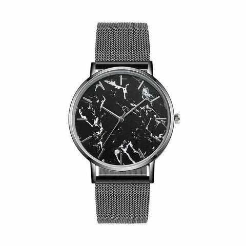 Rose Gold Mesh Band Marble Watch with elegant marble face.