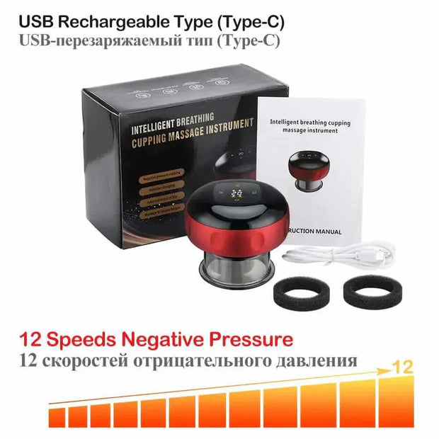 Anti-Cellulite Therapy Massager with 12-speed settings, cupping and scraping functions, USB charging, and interchangeable cups.