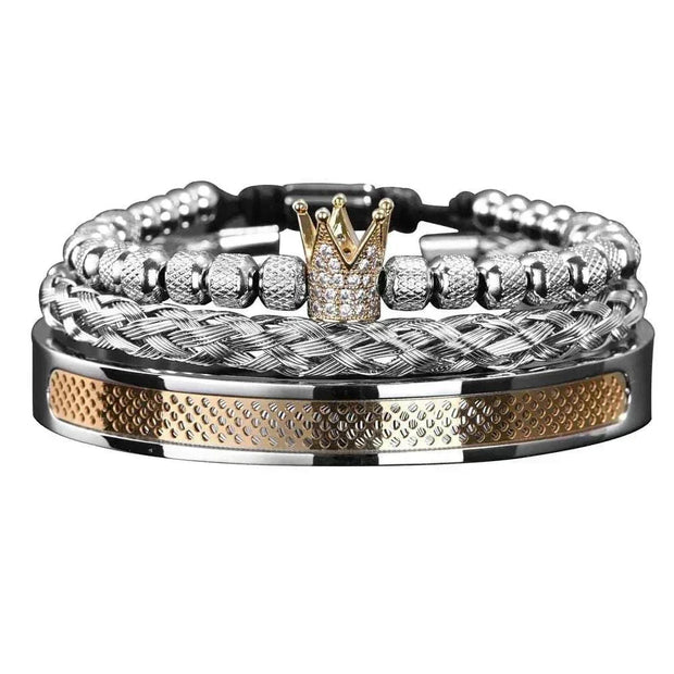 Handmade men crown bracelet with gold-plated crown charm and Pave CZ beads.