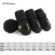 Waterproof reflective dog boots with adjustable straps, durable design, and size chart for various pet weights.