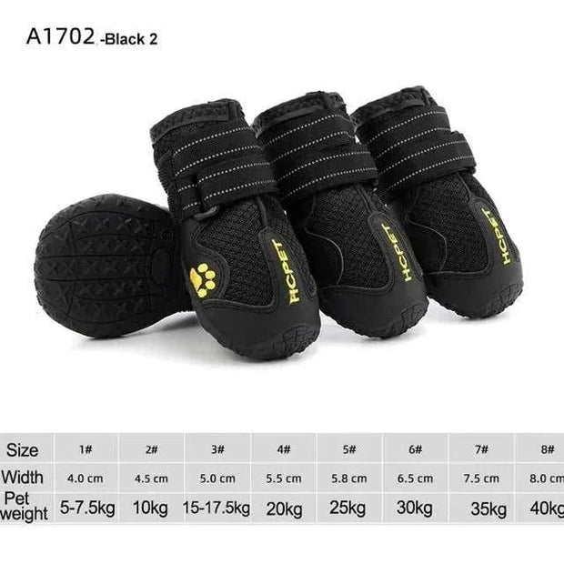 Waterproof reflective dog boots with adjustable straps, durable design, and size chart for various pet weights.