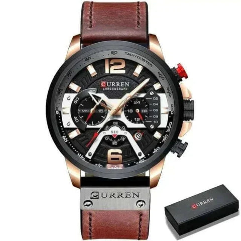 Military Leather Chronograph Watch with leather strap and bold dial, featuring precision chronograph functions.