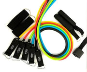 Fitness resistance bands set with color-coded bands, handles, and attachments.