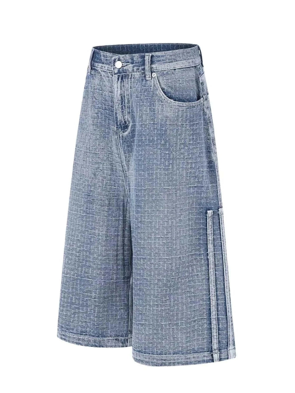 Men's wide leg denim capri jeans from Hot Topic Goods on model showcasing relaxed fit and cropped length