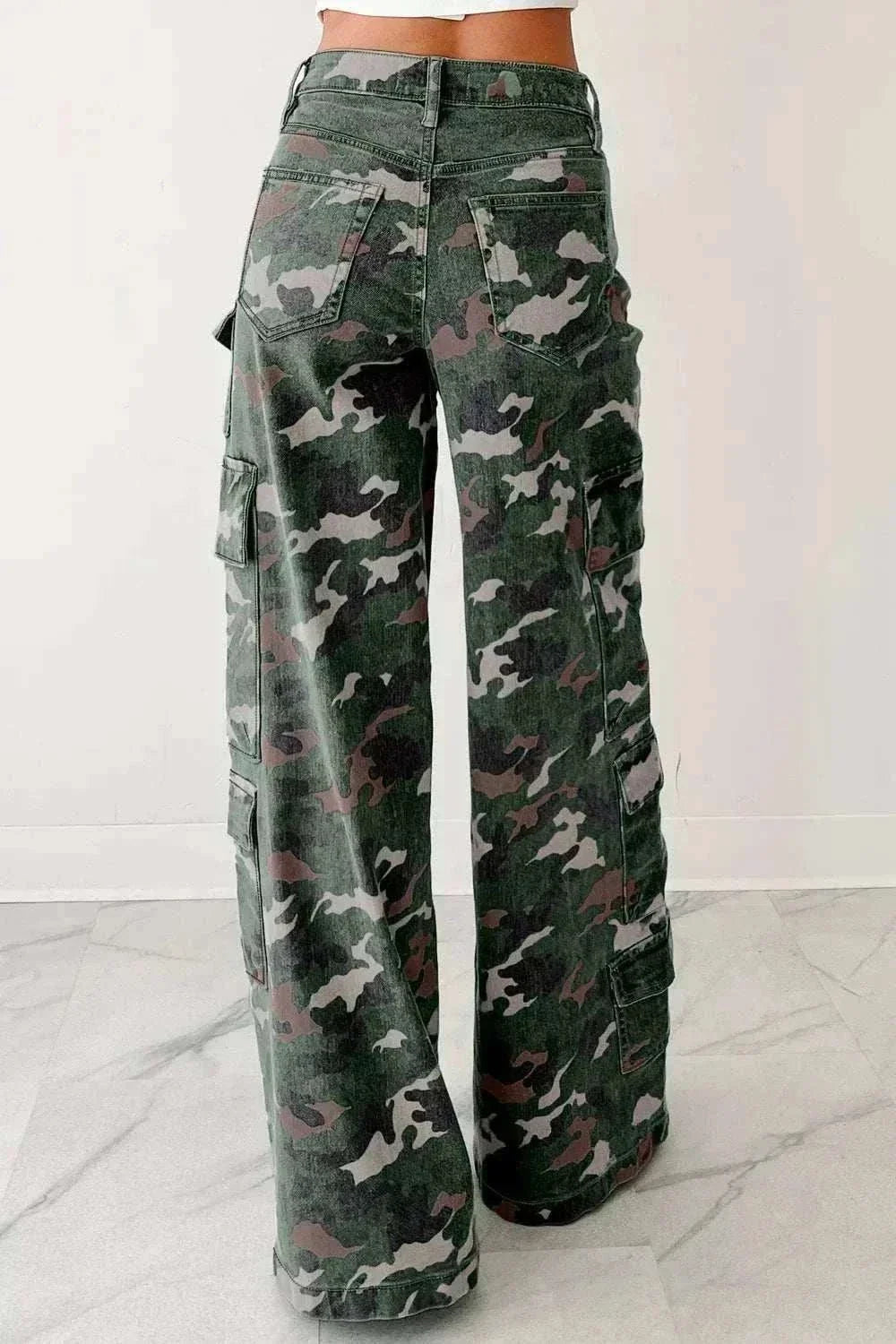 Women’s Camo Cargo Pants in green, gray, and muted pink camouflage with a high waist, wide legs, and cargo pockets