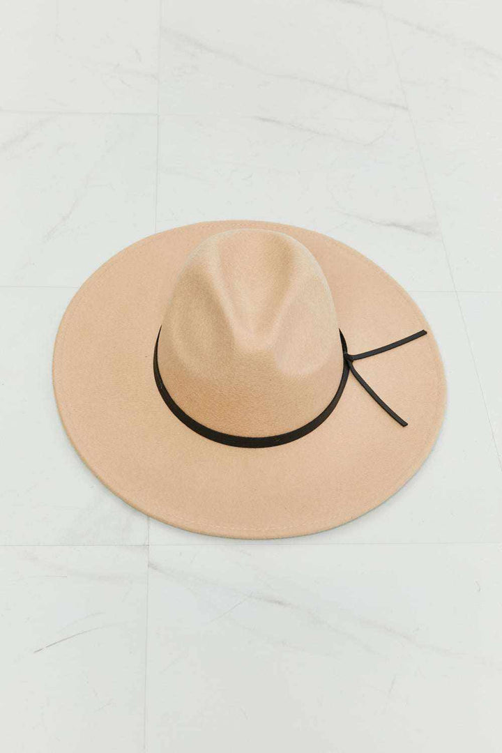 Women’s Classic Fedora Hat in beige felt with a structured crown, wide brim, and slim black band with trailing ties