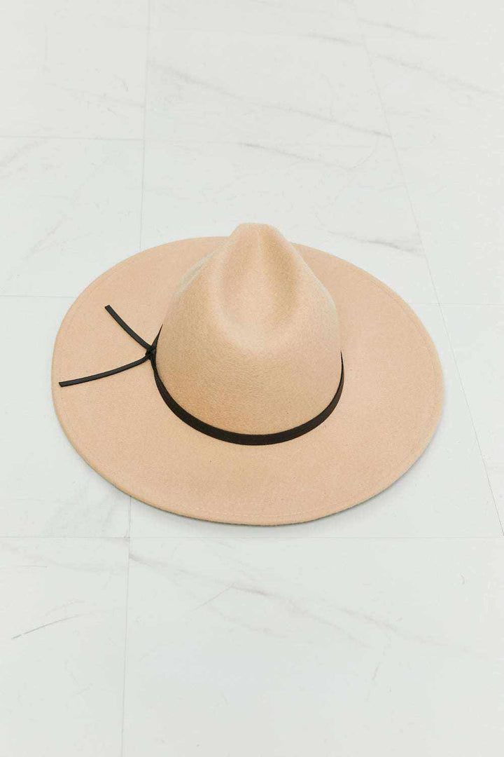 Women’s Classic Fedora Hat in beige wool with a structured crown, wide brim, and thin black band tied at the side