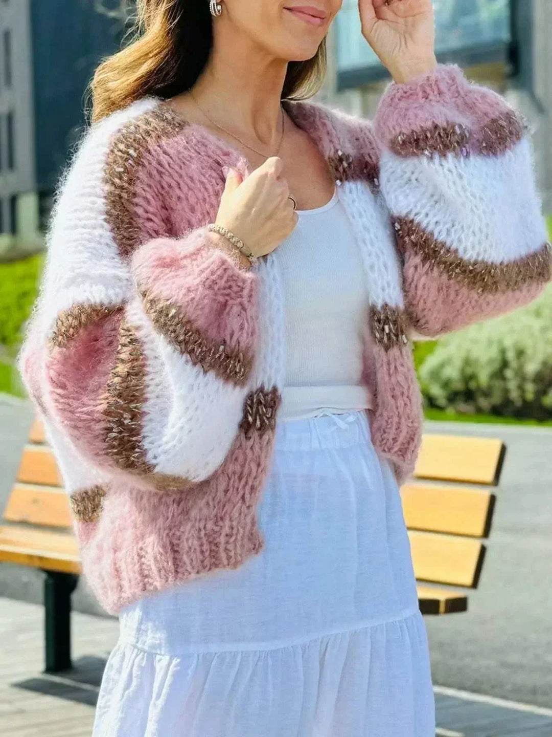 Women’s Color Block Cardigan in fuzzy pink, white and brown knit with an open front and chunky sleeves