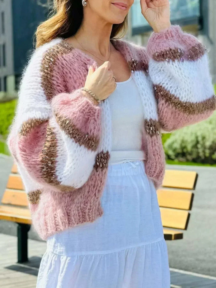 Women’s Color Block Cardigan in fuzzy pink, white and brown knit with an open front and chunky sleeves