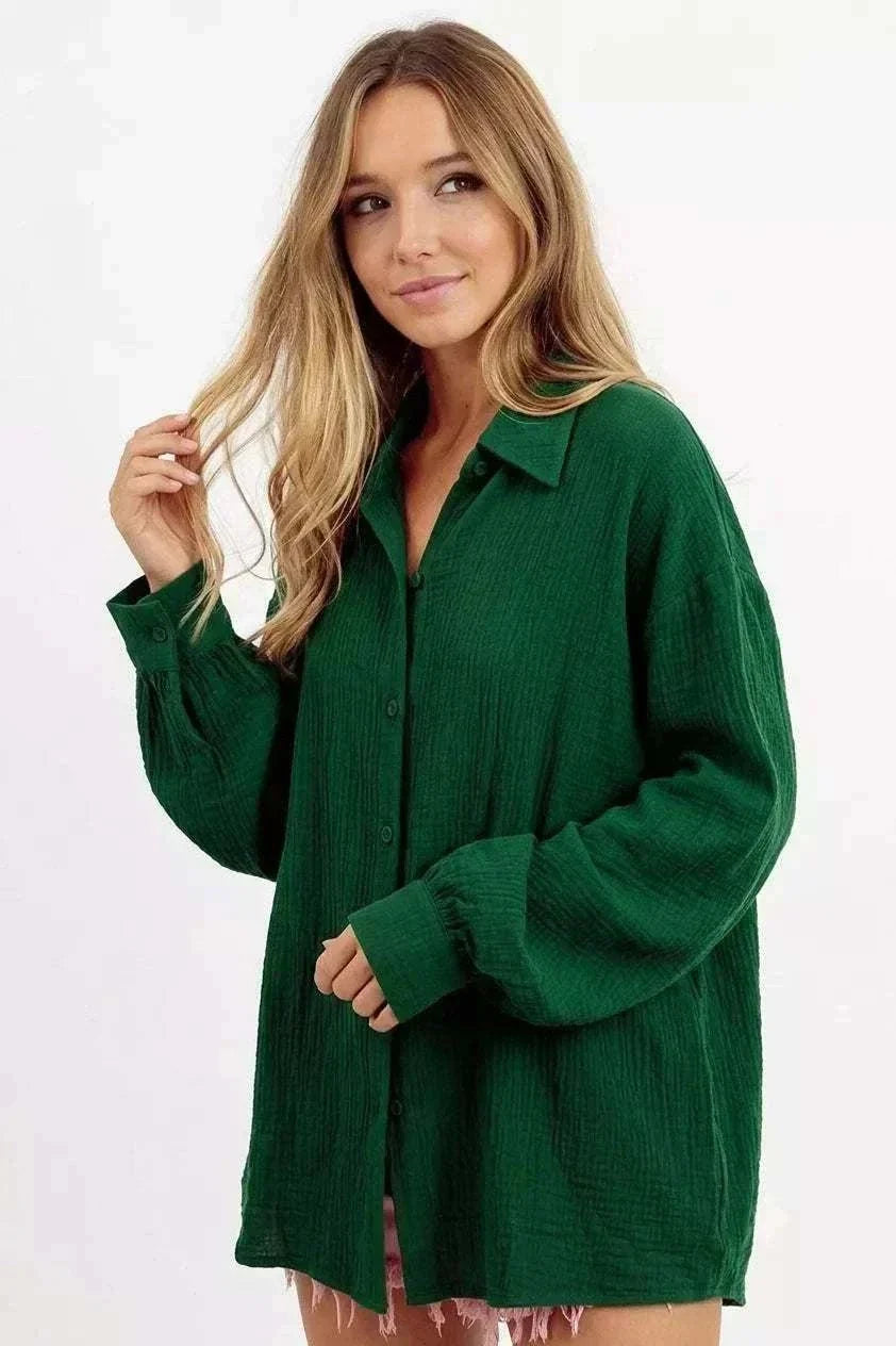 Women’s Crinkle Gauze Button-Up Shirt in deep green, with lightweight textured fabric, a collared front, and oversized long sleeves