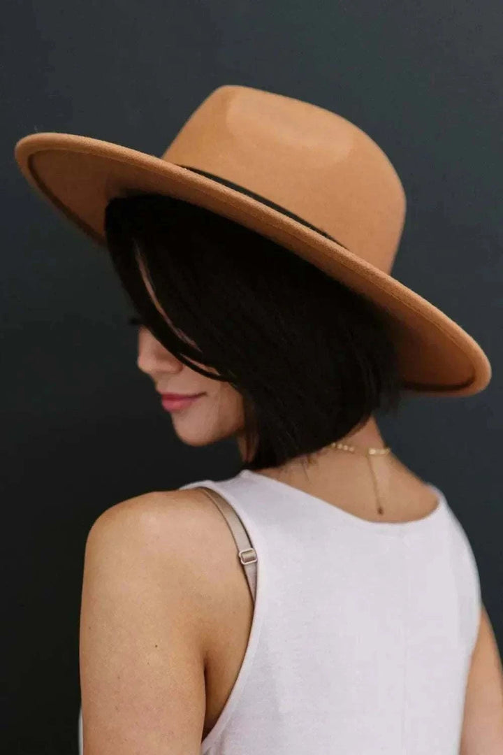 Women’s Fashion Fedora Hat in camel brown with a wide brim, dark trim, and a structured crown