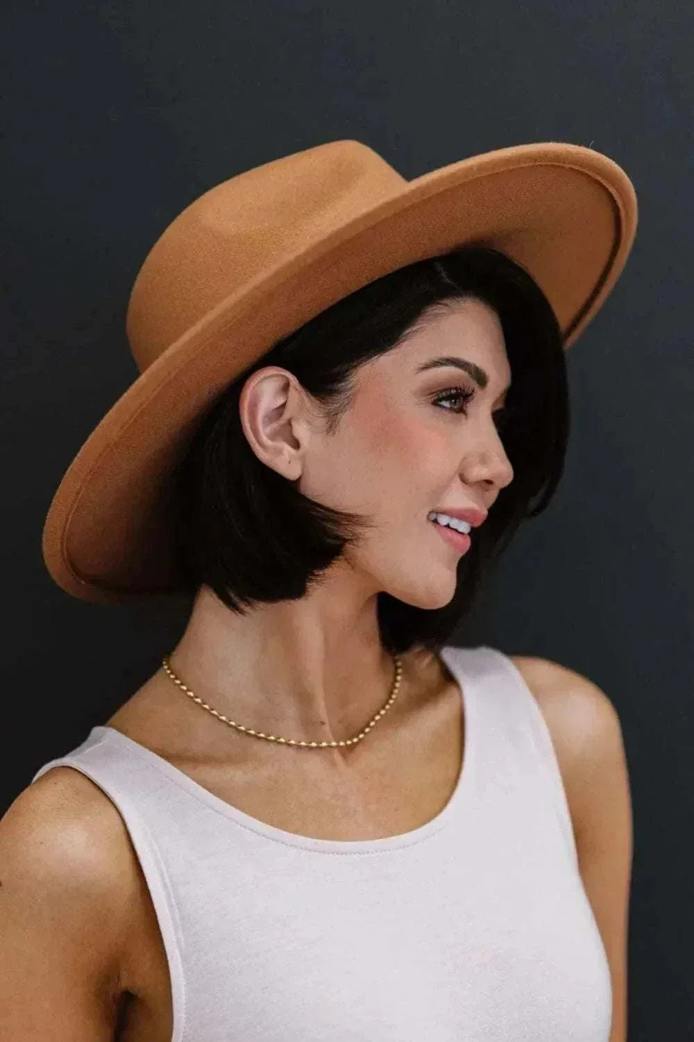 Women’s Fashion Fedora Hat in warm caramel-brown felt with a pinched crown and wide curved brim
