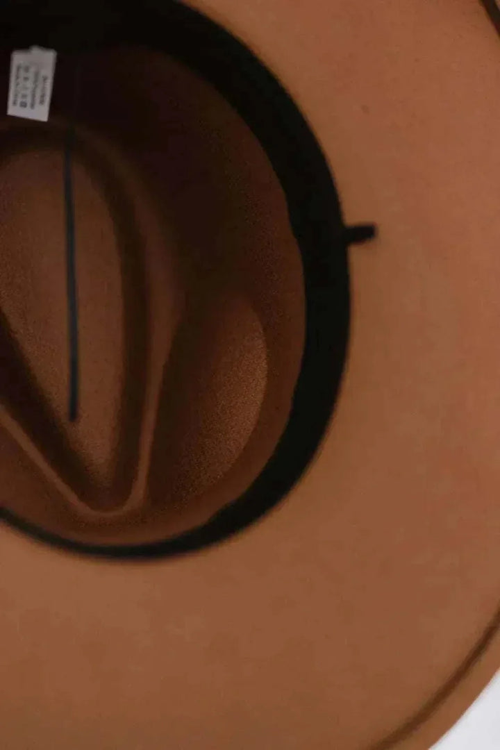 Women’s Fashion Fedora Hat in tan felt-like material with a wide brim, black band and matching dark inner trim