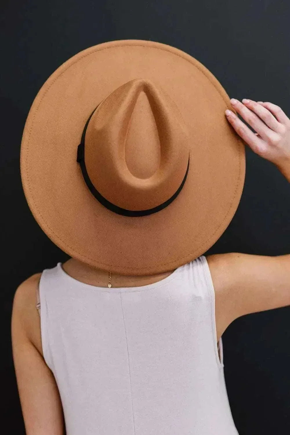 Women’s Fashion Fedora Hat in tan felt with a wide brim, pinched crown, and contrasting black hatband