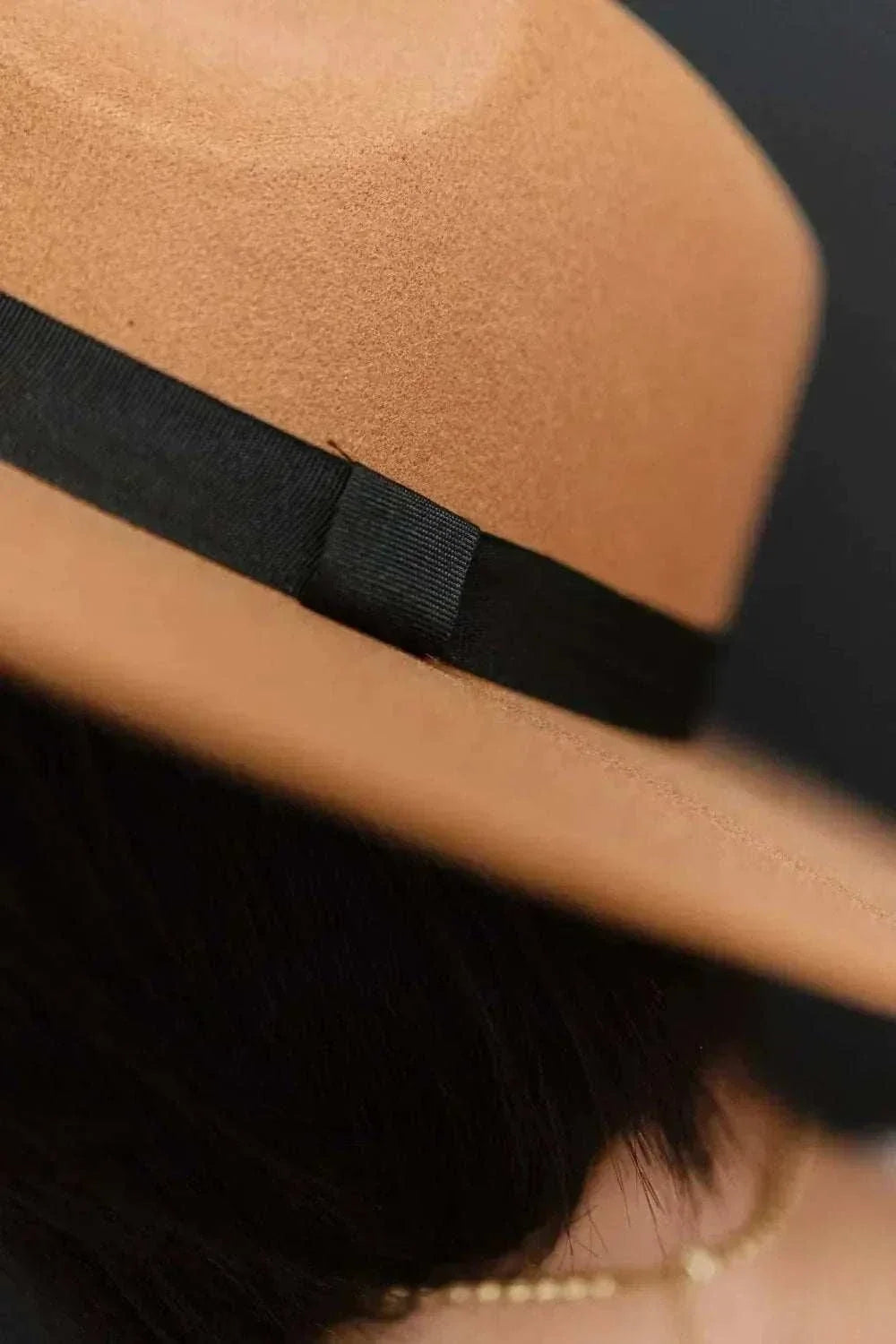 Women’s Fashion Fedora Hat in tan felt with a wide black ribbon band and matching bow detail