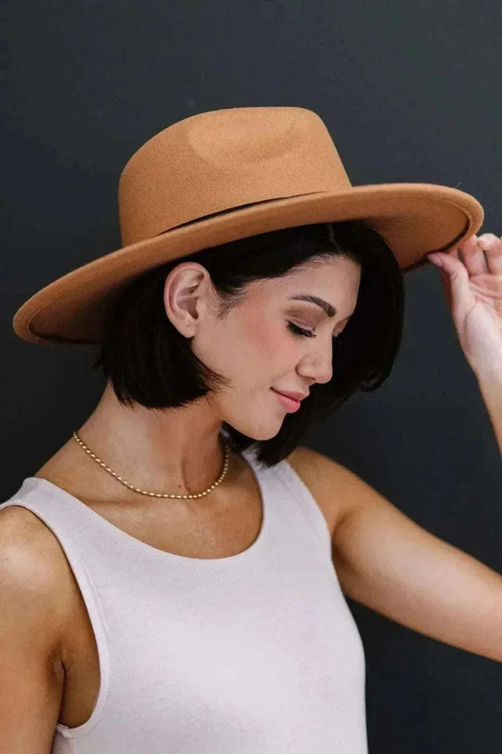 Women’s Fashion Fedora Hat in warm tan felt with a wide brim, structured crown, and slim dark band