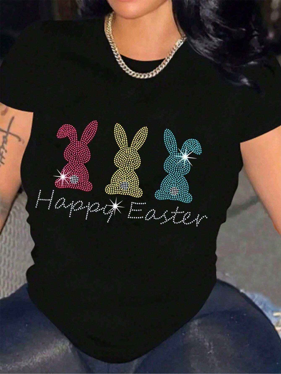 Women's Happy Easter Graphic T-Shirt in black with three colorful rhinestone bunny silhouettes and sparkling text