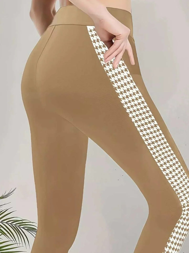 Women’s Houndstooth Leggings in khaki stretch fabric with a wide high waistband and white patterned side stripe