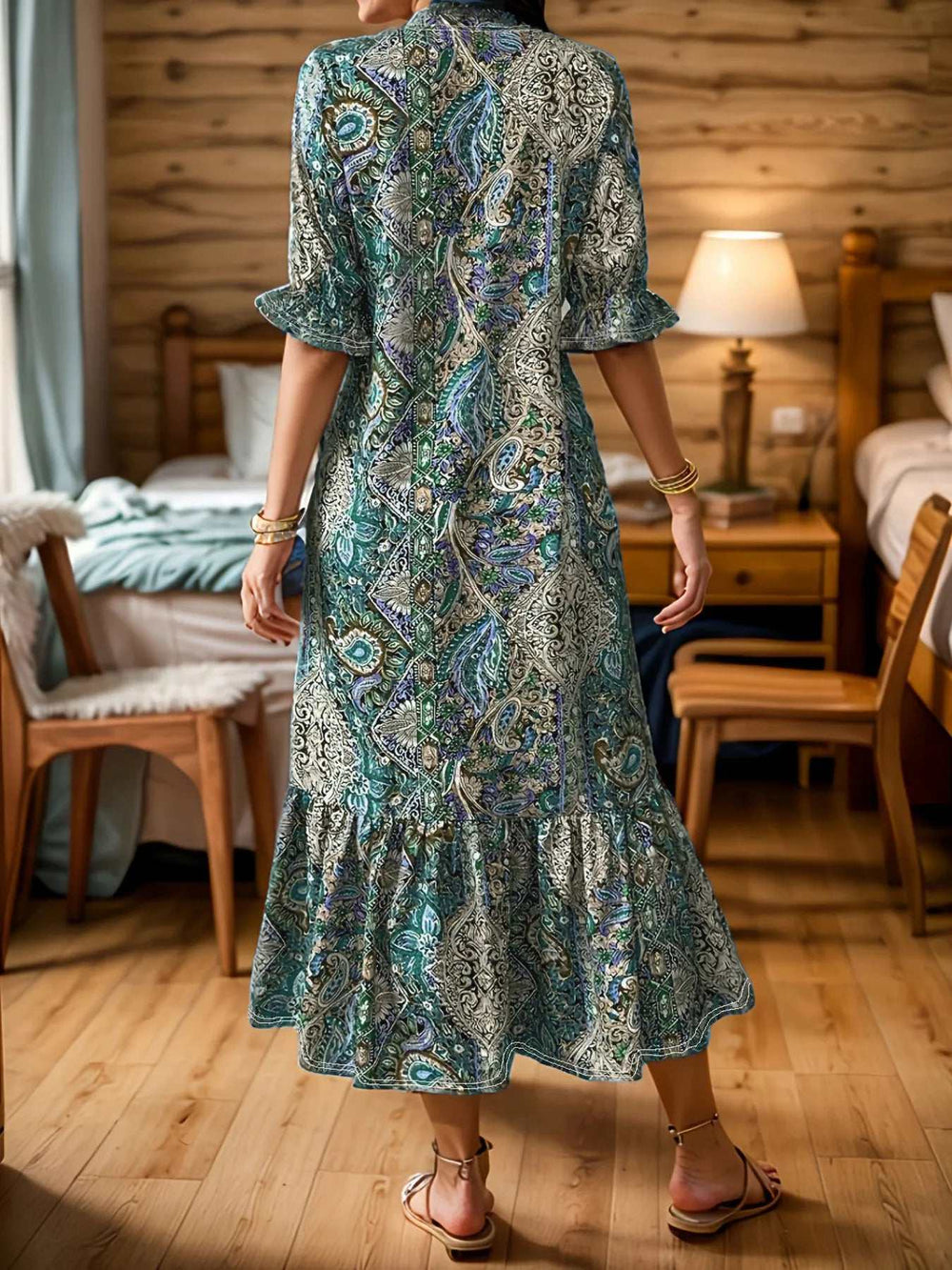 Women's Paisley Print Midi Dress in teal and blue paisley, with short ruffled sleeves and a flounced hem