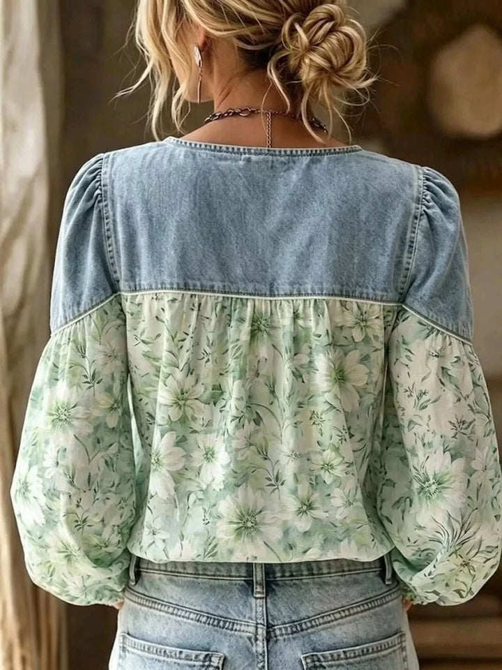 Women’s Plus Size Floral Denim Top in faded blue denim and pale green floral fabric, with puff sleeves and patchwork styling