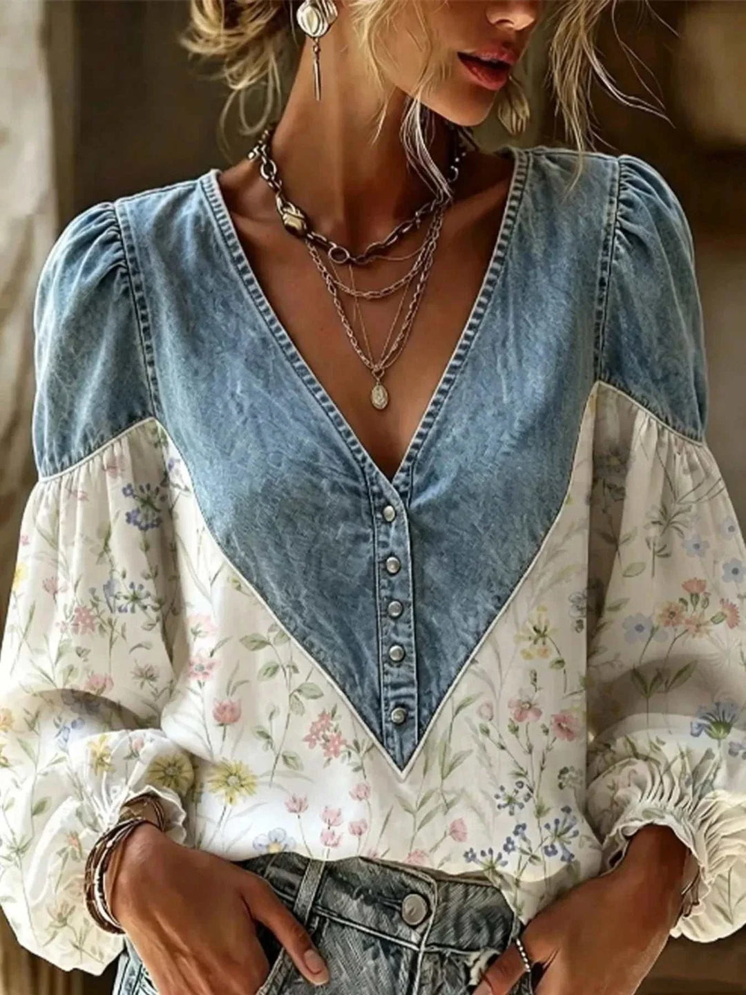 Women’s Plus Size Floral Denim Top in faded blue denim with a deep V-neck and cream floral patchwork sleeves and body
