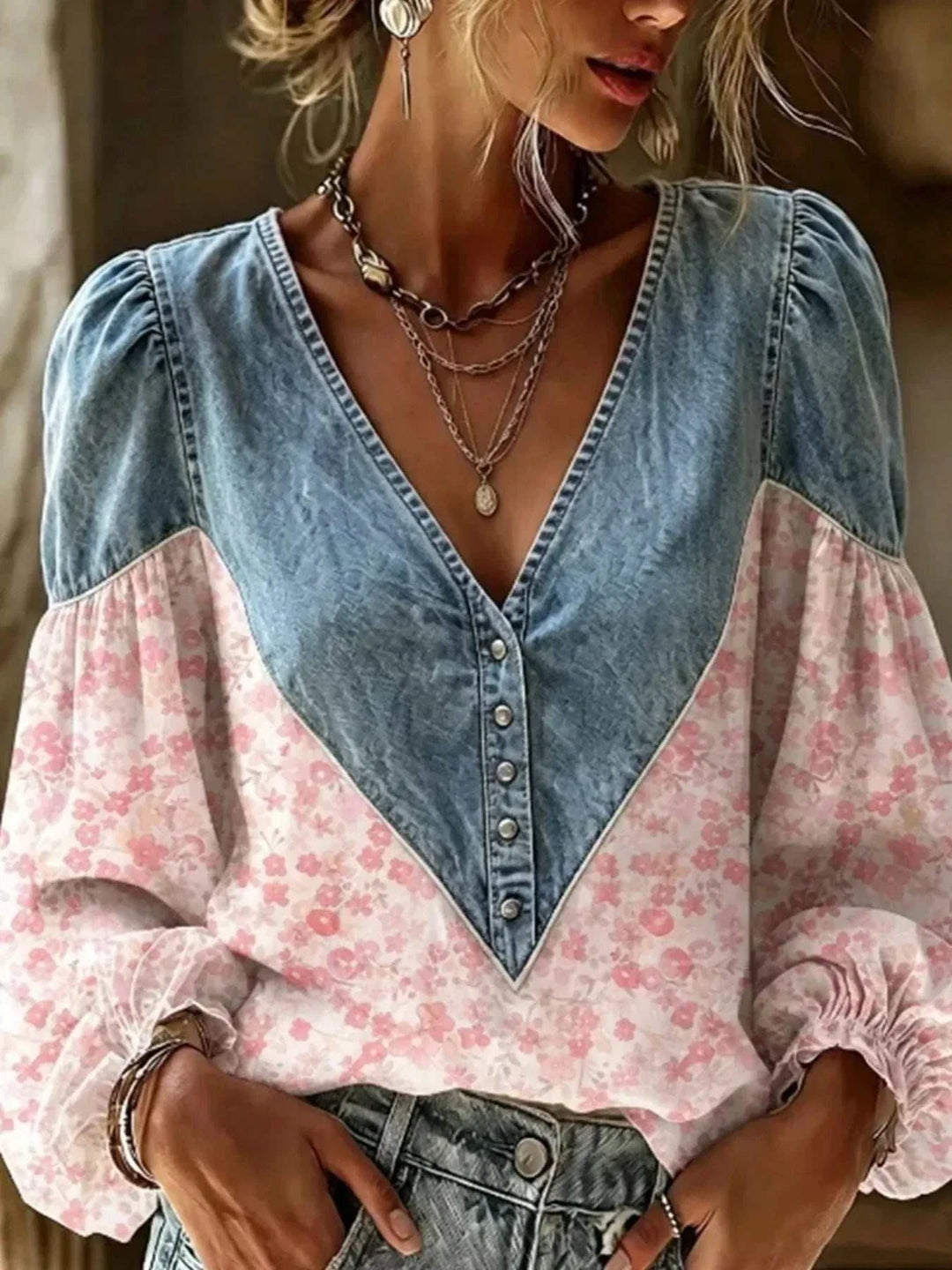 Women’s Plus Size Floral Denim Top in faded blue denim with pink floral patchwork, V-neckline and puff sleeves