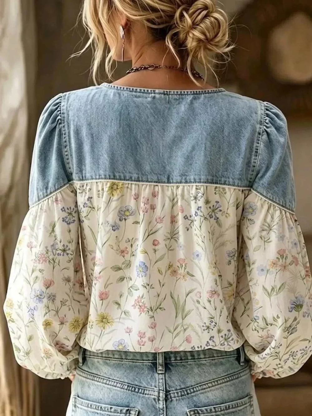 Women’s Plus Size Floral Denim Top with a light blue denim yoke and cream floral-print fabric, featuring puff sleeves.
